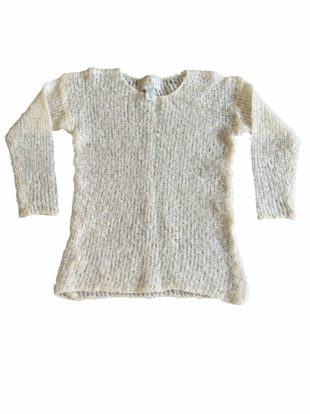 Vintage 90s Express Tricot Mohair Sweater XS Made in Hong Kong Cream Open Knit